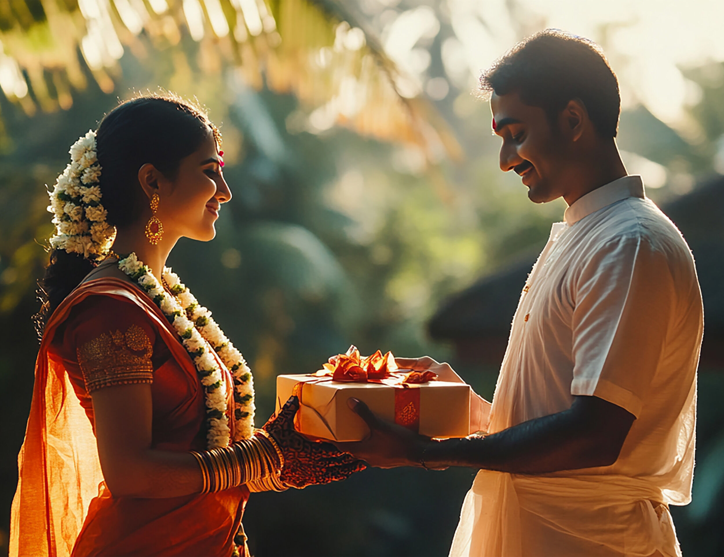 South Indian bride and groom in traditional wedding attire, holding a gift during their wedding ceremony